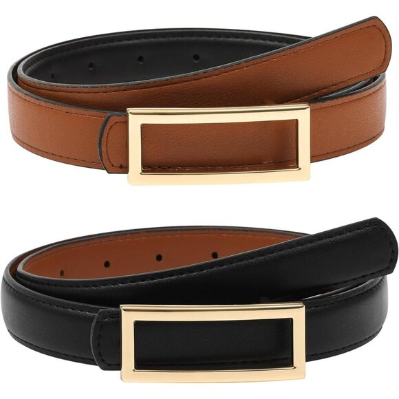 Women Reversible Leather Belt Skinny Fit Waist 26-45 Inches Gold Buckle main image 4